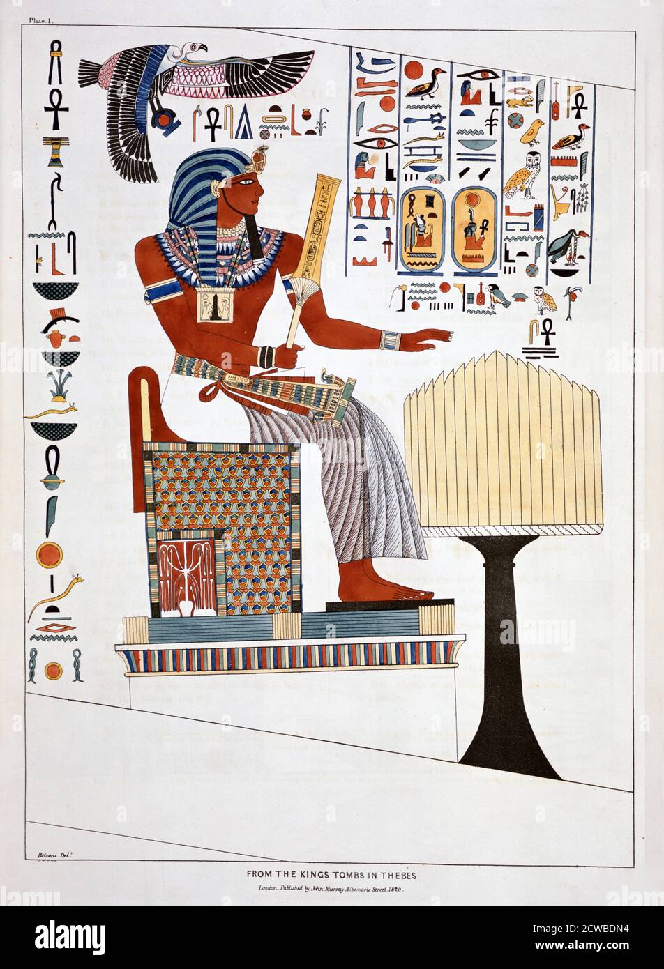 Mural de las Tumbas de Reyes en Tebas, 1820. Una placa de placas ilustrativas de las investigaciones en Egipto y Nubia. Se encuentra en la colección del Museo Británico de Londres. Por el artista italiano Giovanni Battista Belzoni. Foto de stock