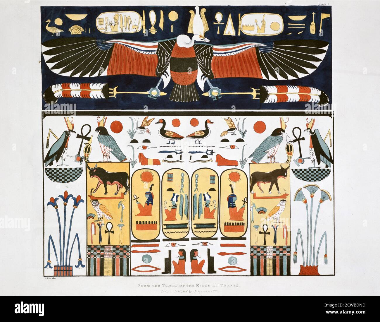 Mural de las Tumbas de los Reyes en Tebas, 1820. Una placa de placas ilustrativas de las investigaciones en Egipto y Nubia. Se encuentra en la colección del Museo Británico de Londres. Por el artista italiano Giovanni Battista Belzoni. Foto de stock