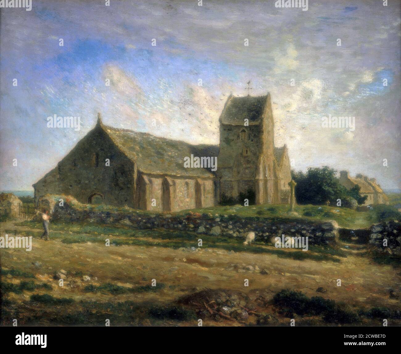 La Iglesia en Greville', c1871-1874. Artista: Jean Francois Millet. Jean-Francois Millet (1814-1875) fue un artista francés y uno de los fundadores de la escuela Barbizon en la Francia rural. El mijo es conocido por sus pinturas de campesinos y puede ser categorizado como parte del movimiento artístico del realismo. Foto de stock