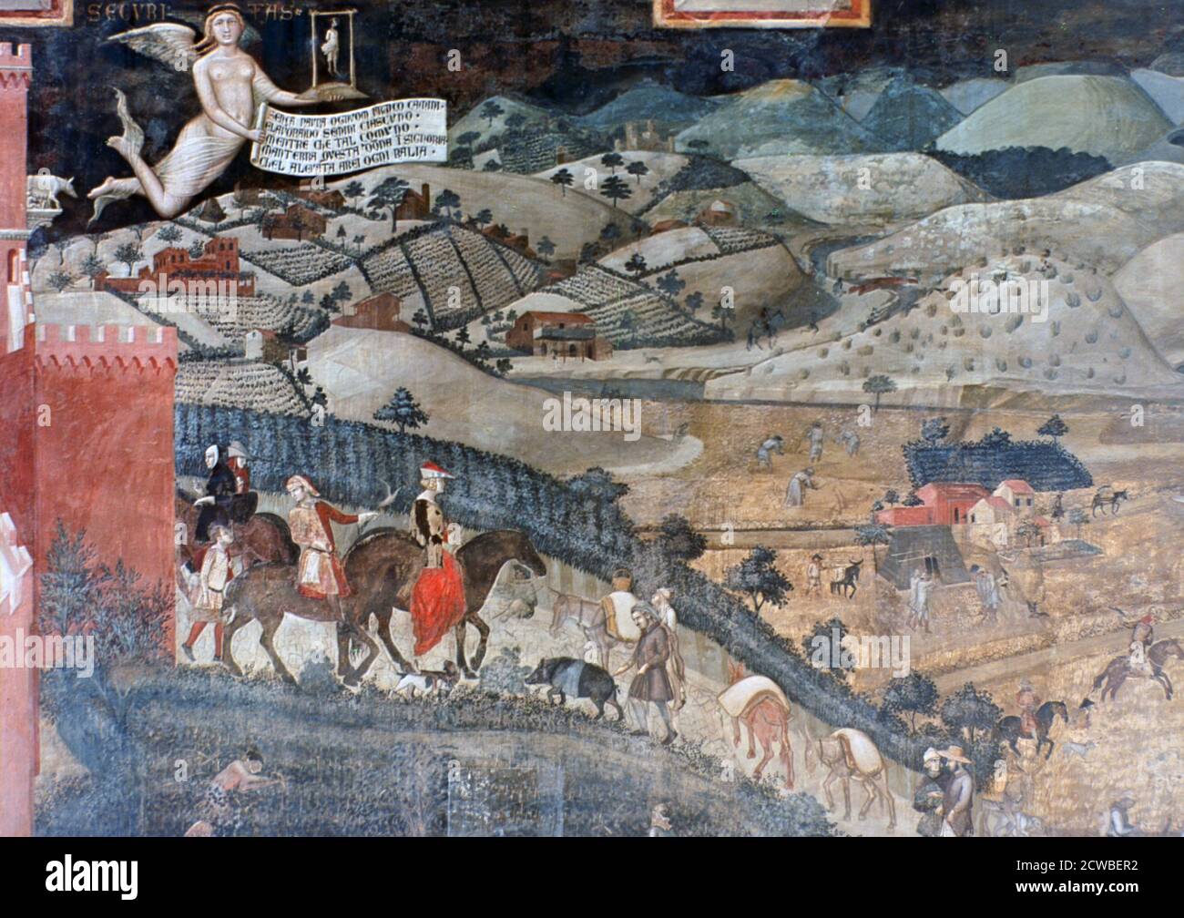 Los efectos del buen gobierno en el campo', (detalle), 1338-1340 Artista: Ambrogio Lorenzetti. Ambrogio Lorenzetti pintó las paredes laterales de la Sala del Consejo (Sala dei Nove) del Ayuntamiento (Palazzo Pubblico) de Siena. El tema de los frescos es buen y mal gobierno. Foto de stock