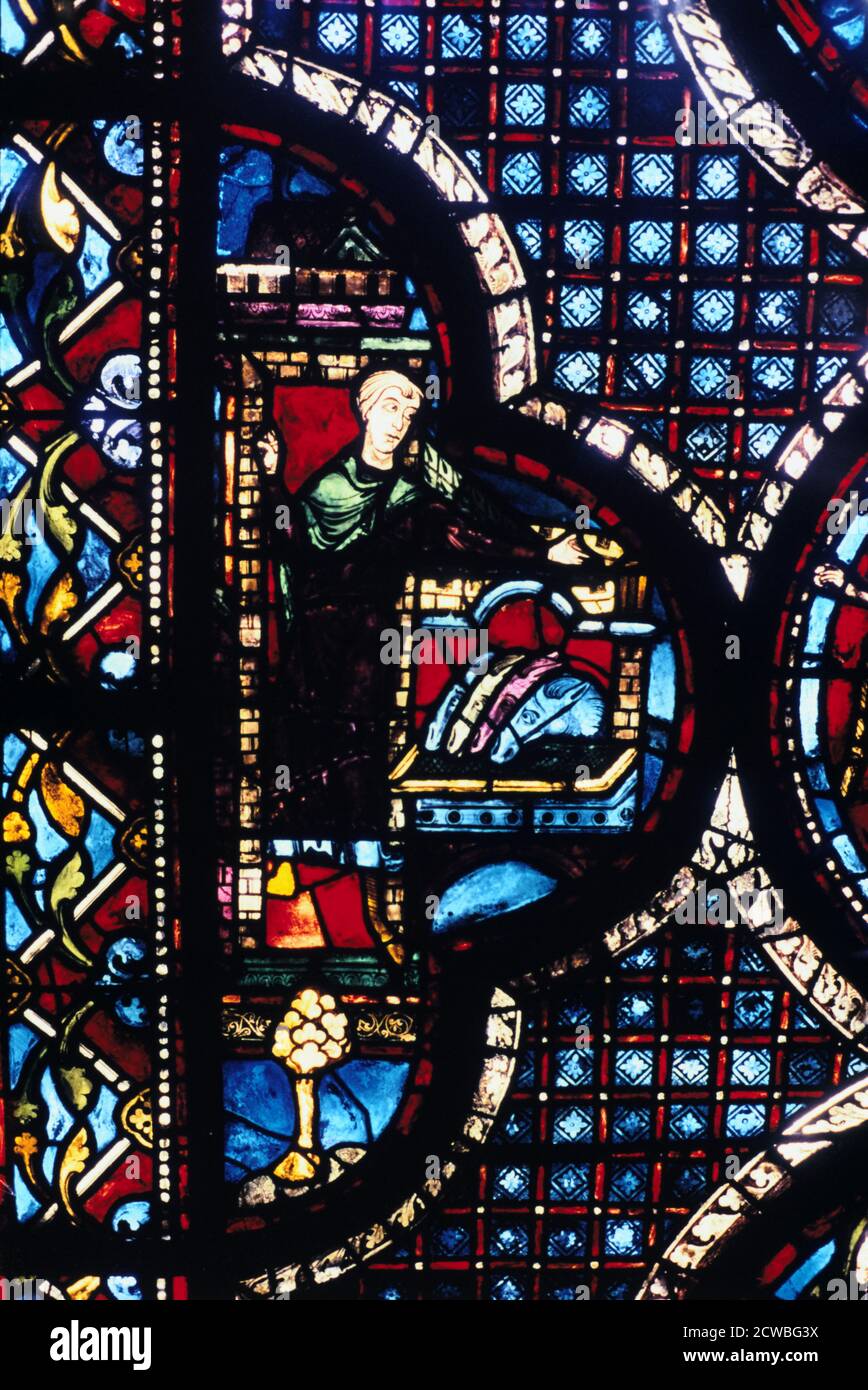 El Inn, las vidrieras de la catedral de Chartres, Francia, 1205-1215. Detalle del buen samaritano y ventana de Adán y Eva en el pasillo del sur. Foto de stock