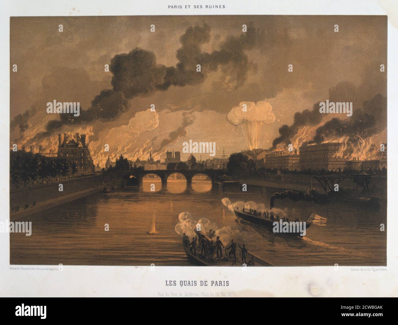 Incendio de la comuna de París; 26 de marzo-28 de mayo de 1871. Los muelles de París, visto desde el Pont Solferino en la noche del 24 de mayo, París en llamas. Litografía. Foto de stock