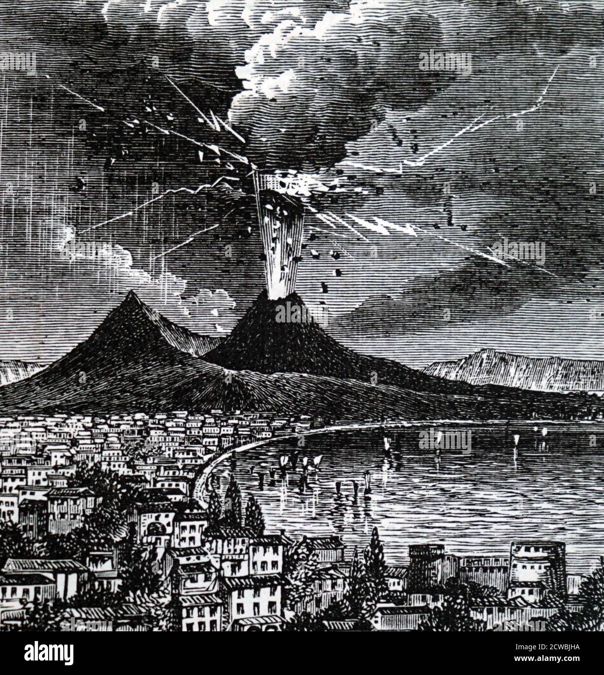 Grabado que representa la descarga eléctrica durante la erupción del Vesubio en 1882 Foto de stock