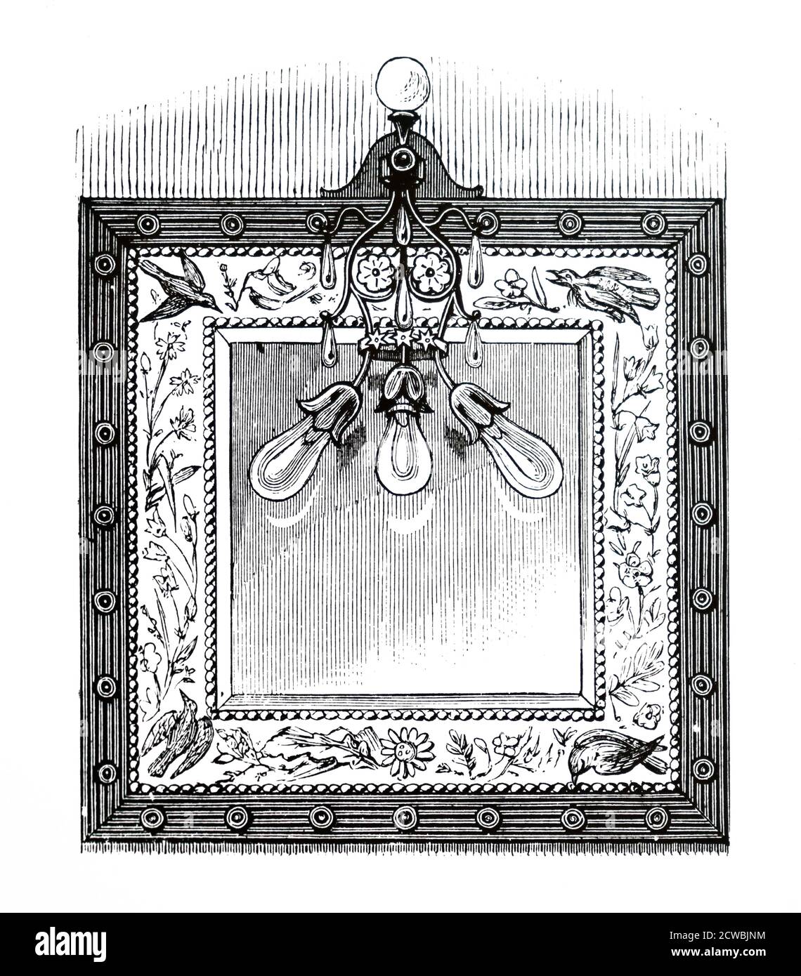 Grabado que representa una lámpara de luz eléctrica incandescente Edison en un ajuste de espejo. Se muestra en la exposición Internacional de electricidad en el Palacio de Cristal. Foto de stock