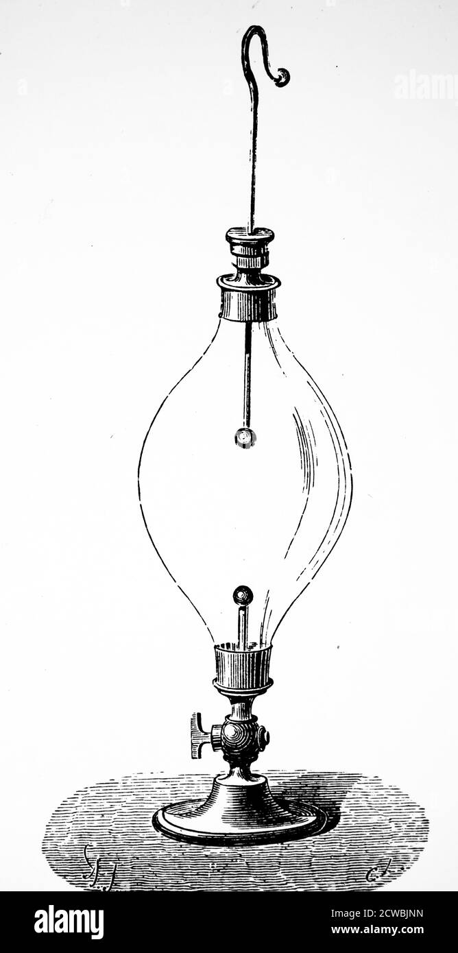 Grabado que representa un huevo eléctrico utilizado para estudiar las descargas luminosas en alta vacua Foto de stock
