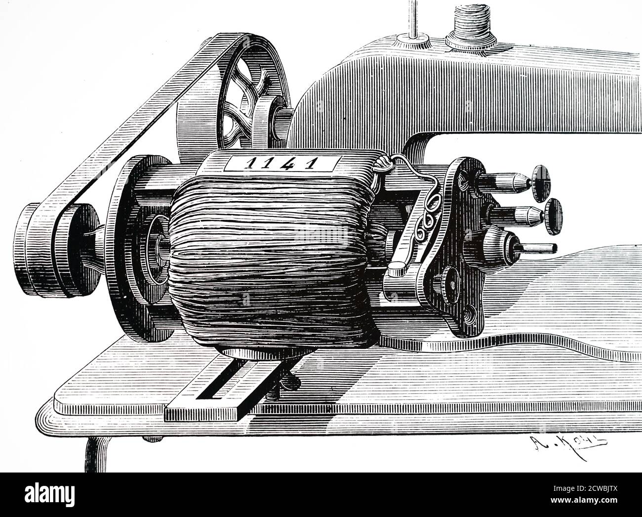 Grabado que representa el pequeño motor eléctrico de William Woodnut  Griscom utilizado para conducir una máquina de coser Fotografía de stock -  Alamy