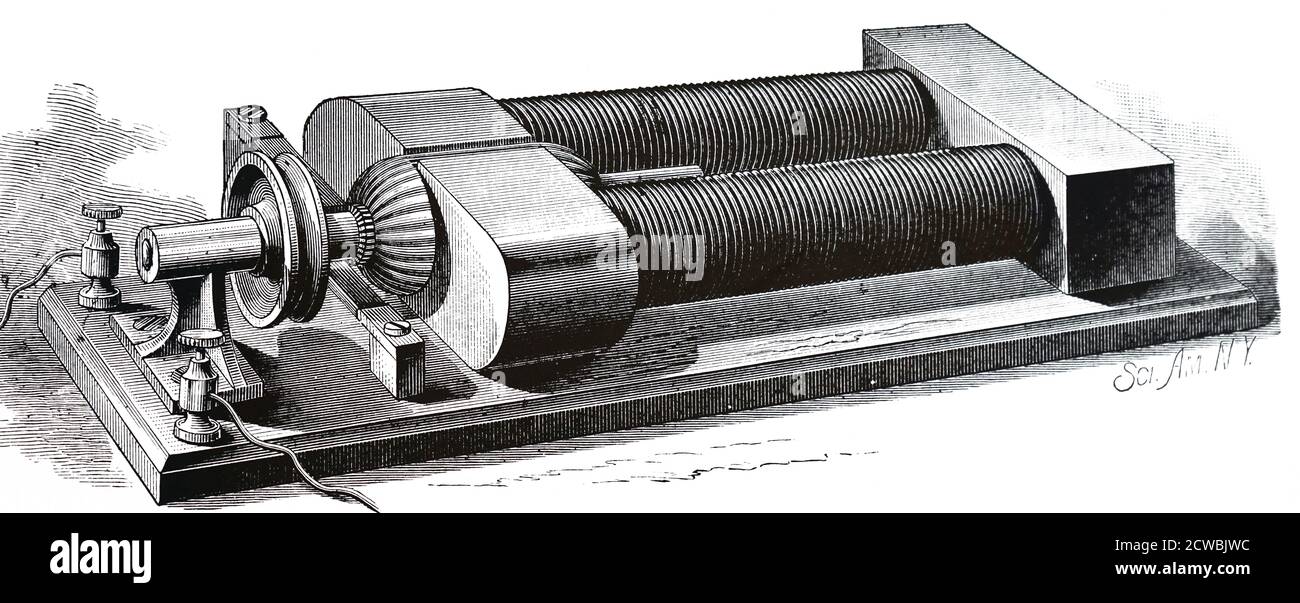 Grabado que representa el generador de 5 hp de Edison para la luz eléctrica. Foto de stock