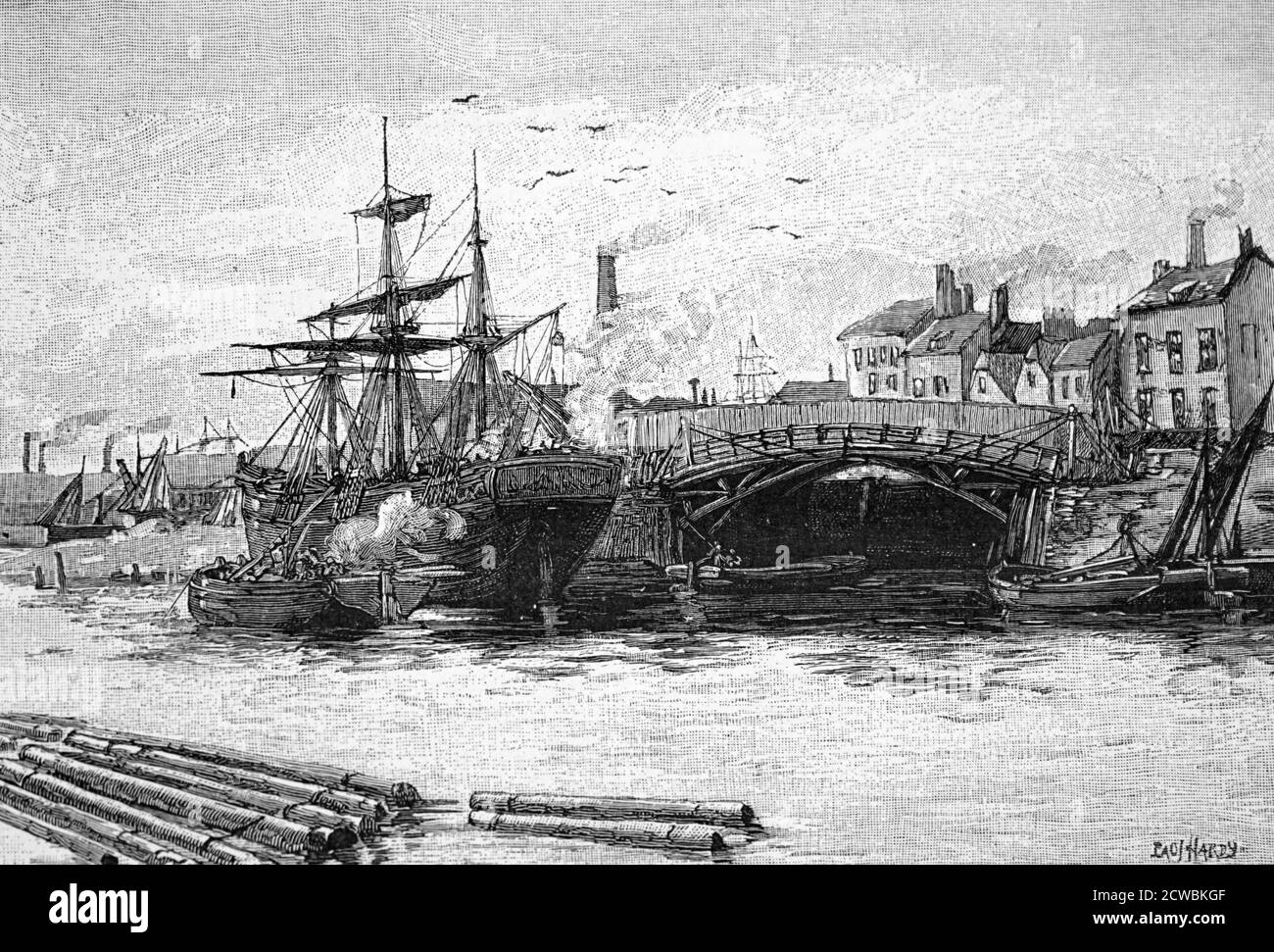 Grabado que representa Green's Dock y Bristol Bridge. Foto de stock