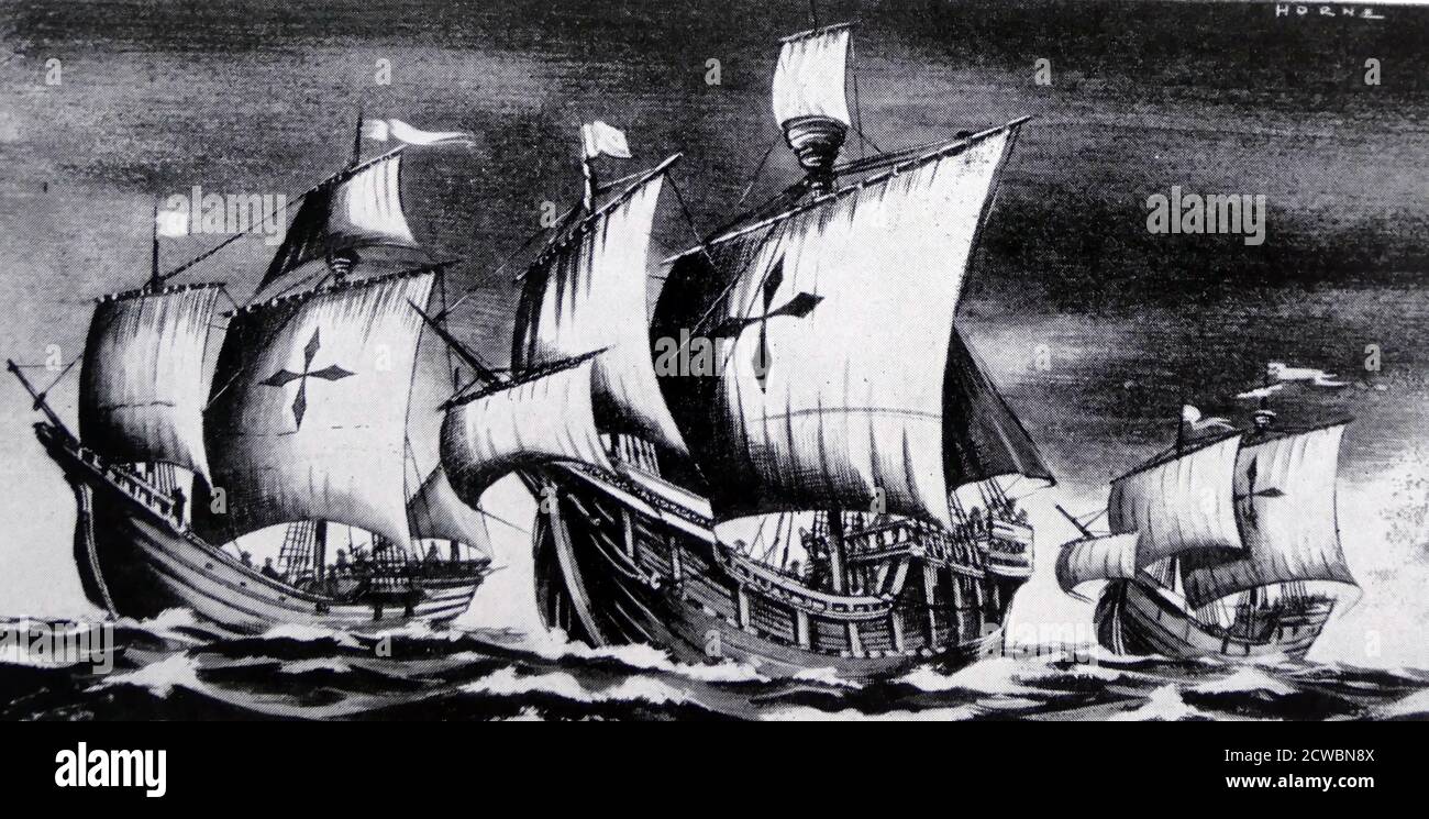 Ilustración que representa las tres naves de Cristóbal Colón, usadas  durante su primer viaje, la Nina, la Pinta, y la Santa María. Colón zarpó  de Palos de la Frontera el 3 de