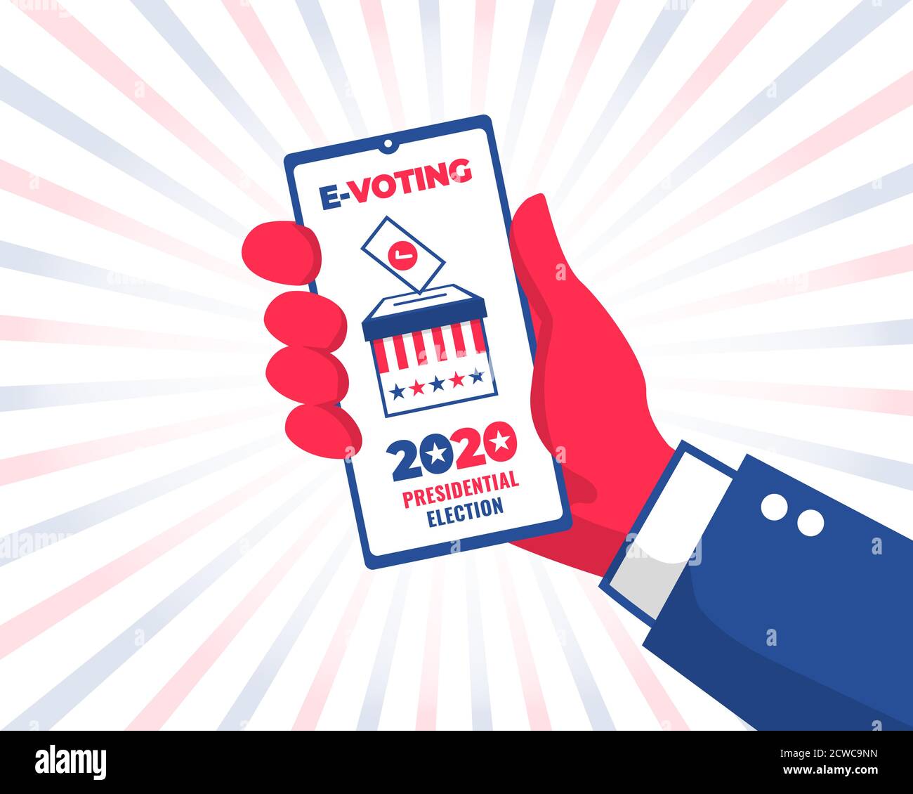 Mano de hombre con voto por teléfono en línea para las elecciones presidenciales de 2020 en EE.UU. Concepto de voto electrónico Ilustración del Vector