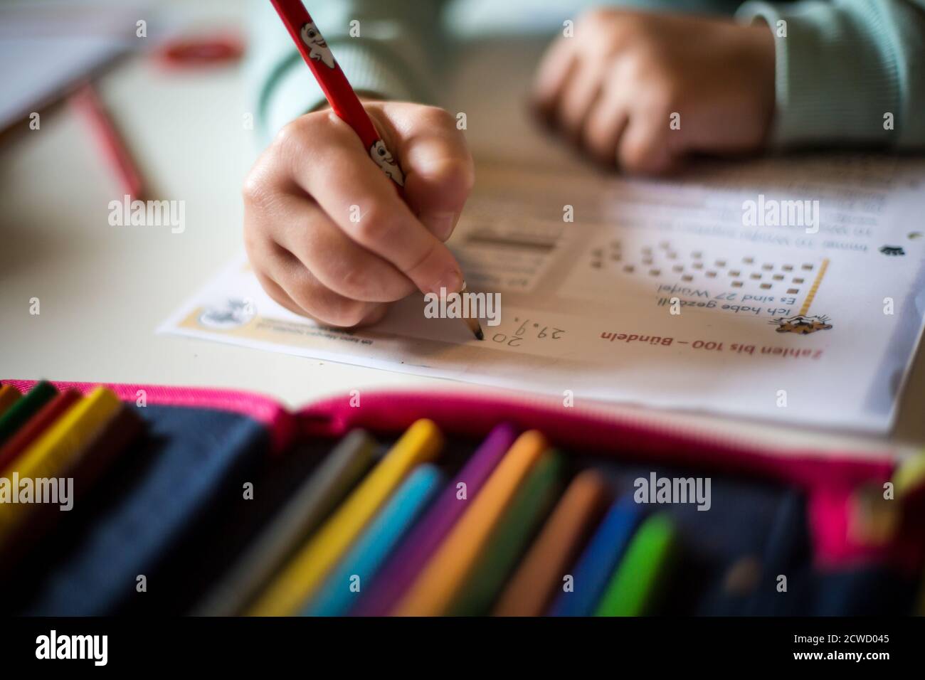 Alumno de escuela primaria haciendo la tarea, hijo de escuela Foto de stock