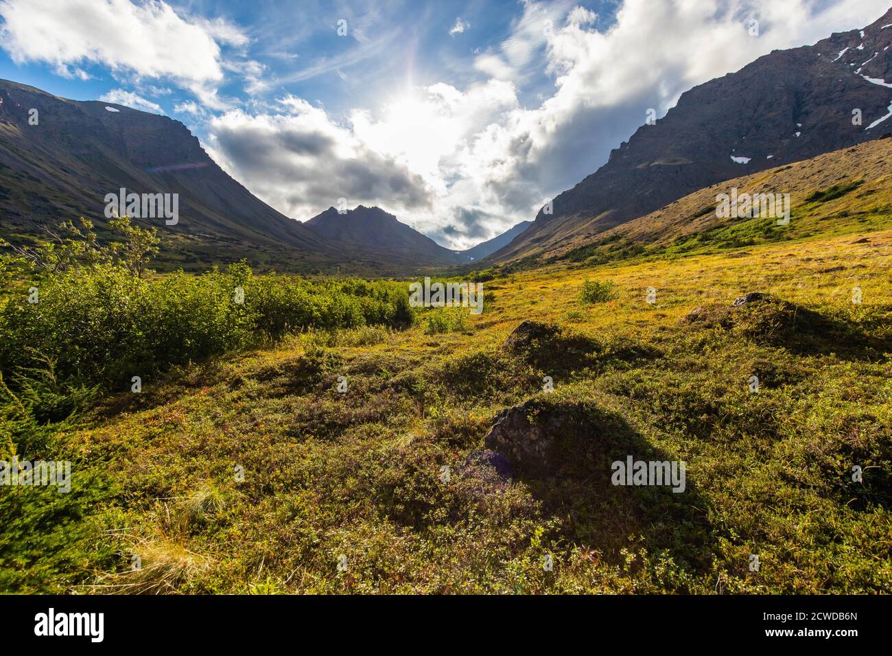 Vista panorámica de las montañas Alaskan Flattop Glen Alps en verano destino del viaje Foto de stock