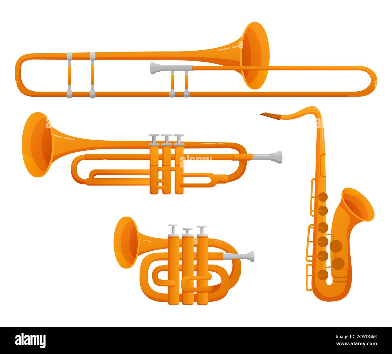 Conjunto de instrumentos musicales trombón, trompeta, saxofón, oboe Imagen  Vector de stock - Alamy