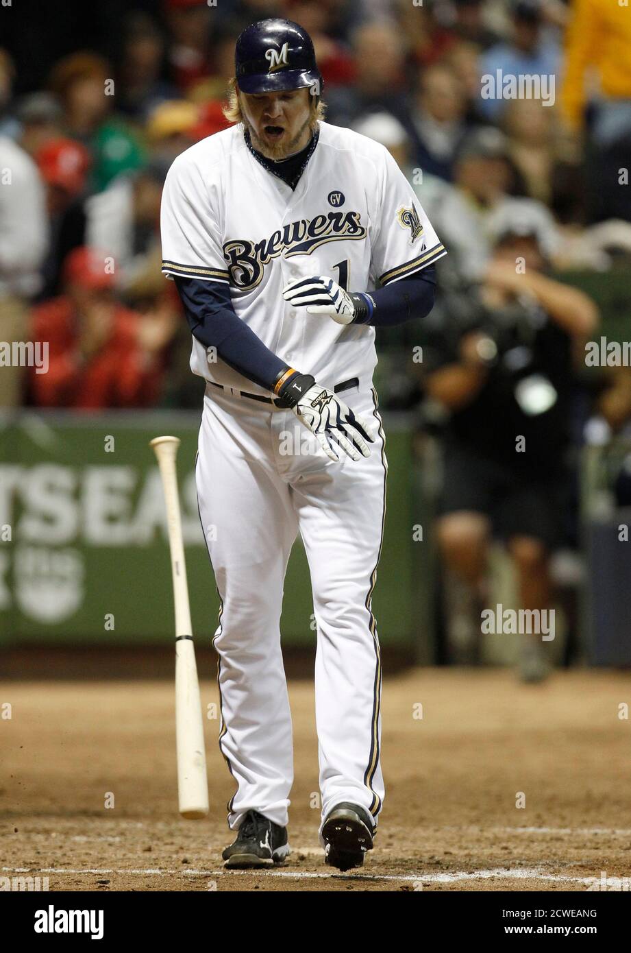 Milwaukee Brewers' Corey Hart tosses his bat after striking out against the  St. Louis Cardinals to end the 4th inning in Game 6 of the MLB NLCS  baseball playoffs in Milwaukee, Wisconsin,