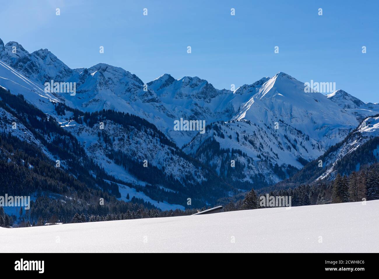 Winterlandschaft; Bergkette; Gipfel; verschneit Foto de stock