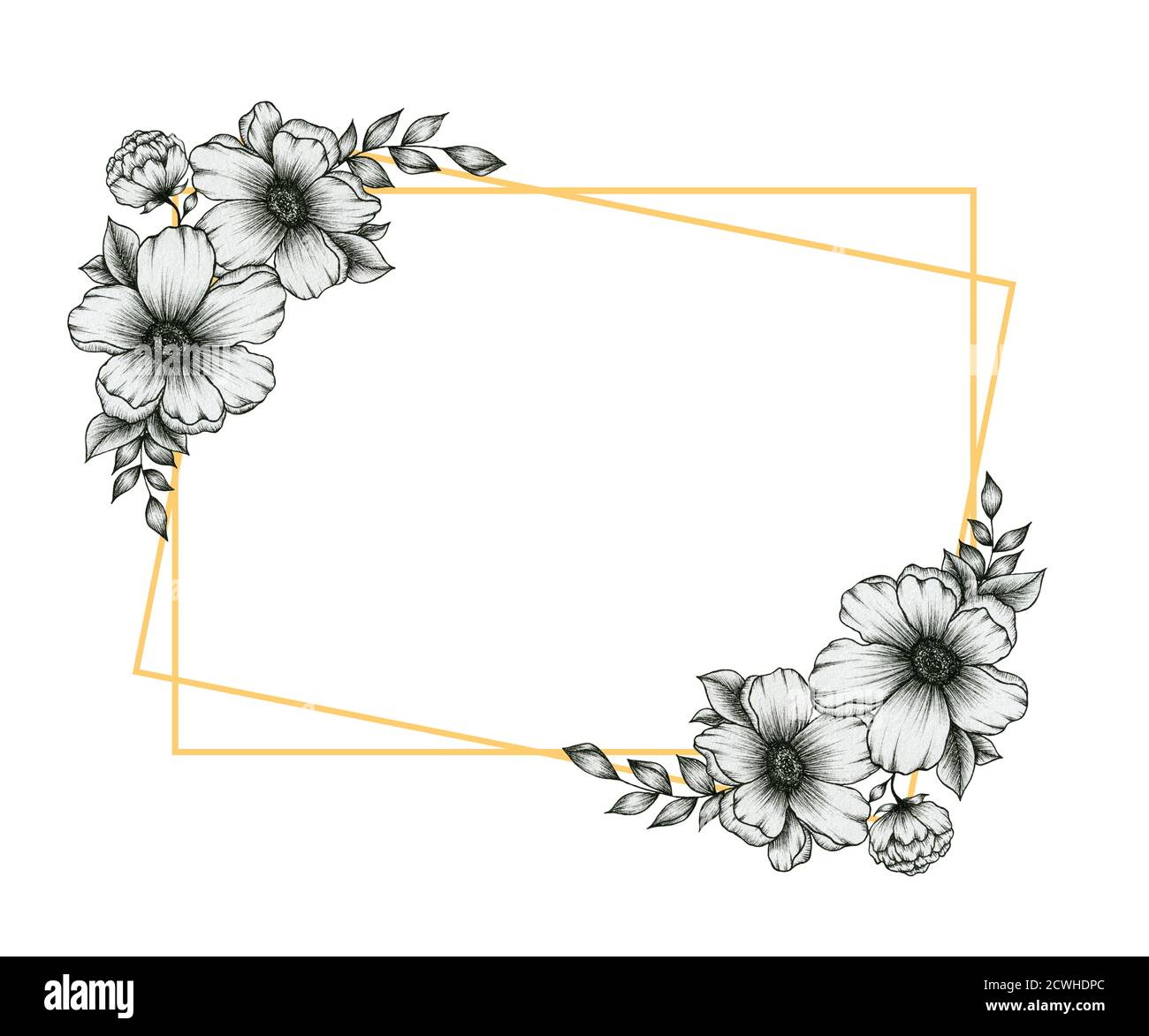 marco festivo dorado con flores blancas y negras adornos bouquet, diseño de  arte de línea floral de otoño, diseño otoñal vintage para las vacaciones de  acción de gracias Fotografía de stock -