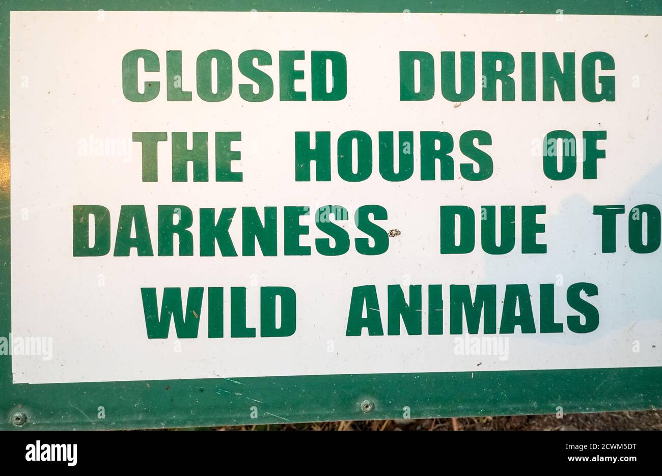 cartel con el texto cerrado durante las horas de oscuridad Debido a animales salvajes concepto safari en África Foto de stock