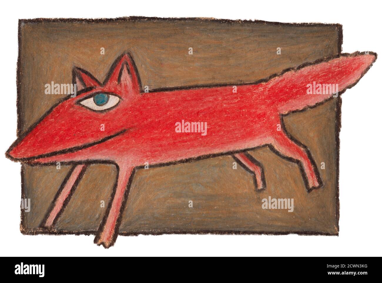 Ilustración hecha con lápices de colores de un zorro rojo riendo. Foto de stock
