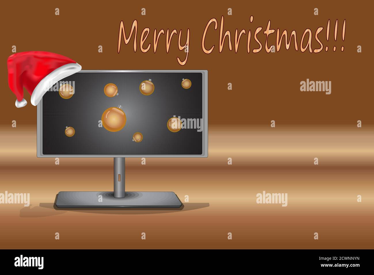 Banner del monitor de Navidad. Ordenador o tv con sombrero de Santas rojo y  bolas de Navidad en la pantalla sobre fondo marrón. Compras en línea para  las vacaciones. Vector Imagen Vector