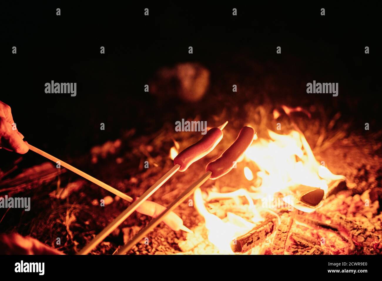 Primer plano de unas inreconocibles salchichas de fritura pareja en palos por encima del camping fuego por la noche Foto de stock