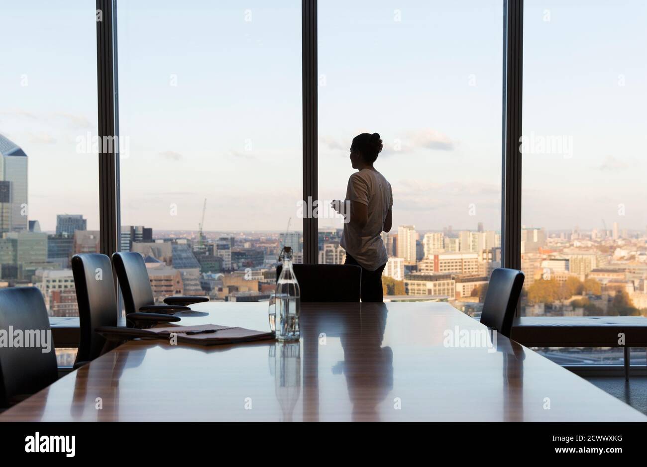 Mujer de negocios pensativa en la ventana urbana de la oficina de gran altura Foto de stock