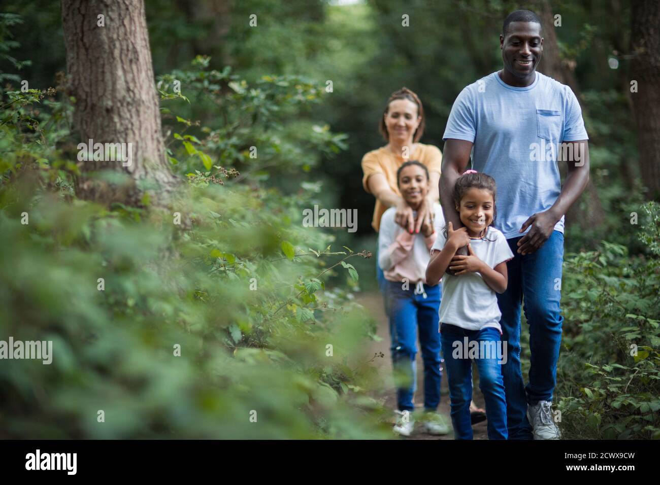 Feliz familia de senderismo en el camino en el bosque Foto de stock