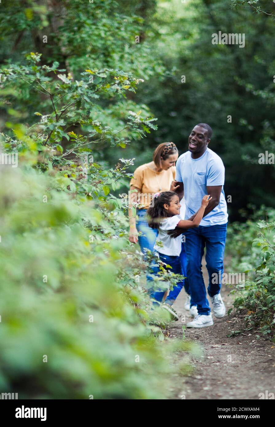 Feliz familia de senderismo en el camino en el bosque Foto de stock