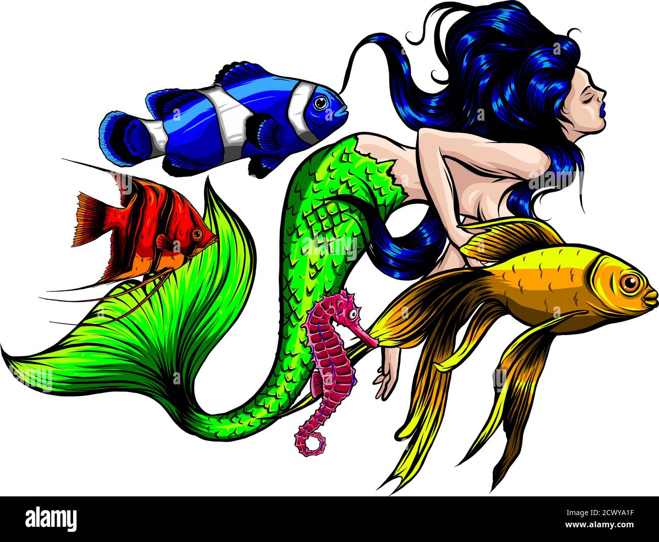 Linda Sirenita con medusas, . Dibujo de ilustración de moda en estilo moderno Ilustración del Vector