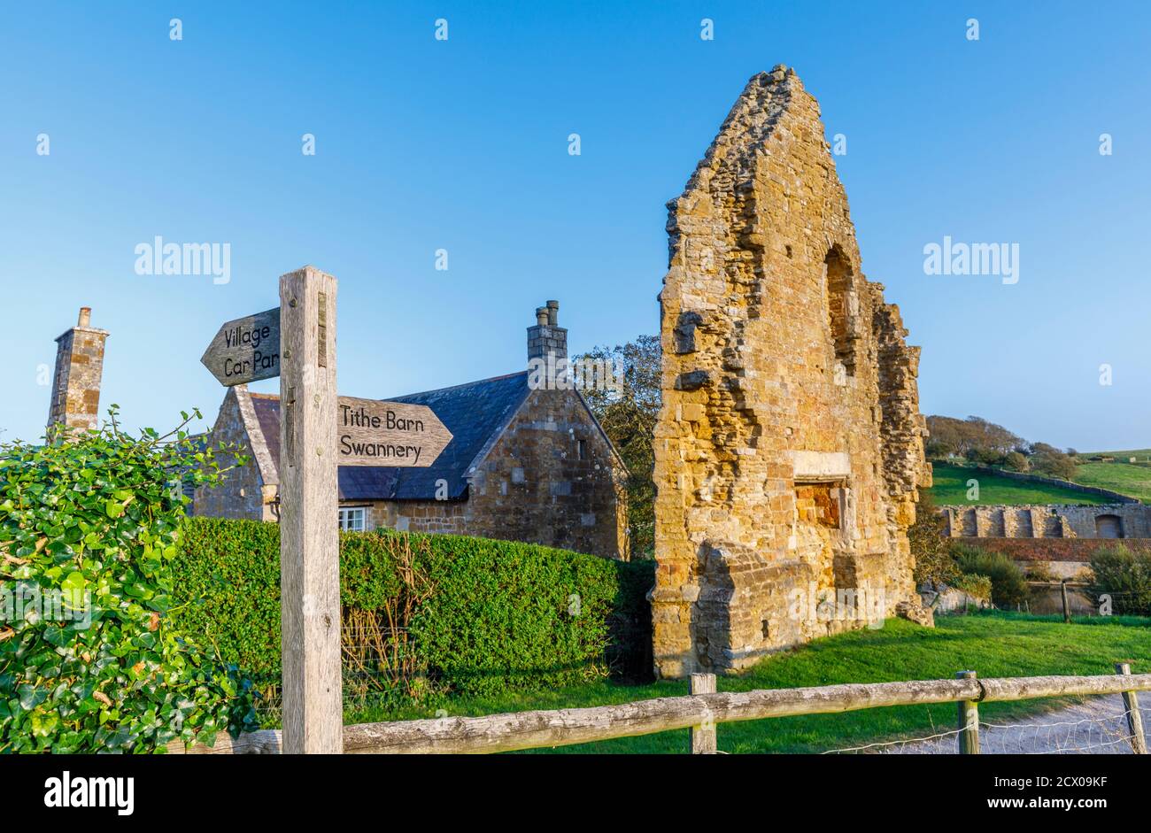La pared final arruinada del comedor de los monjes o refectorio de la Abadía de Abbotsbury, un antiguo monasterio benedictino en Abbotsbury, Devon, al sureste de Inglaterra Foto de stock