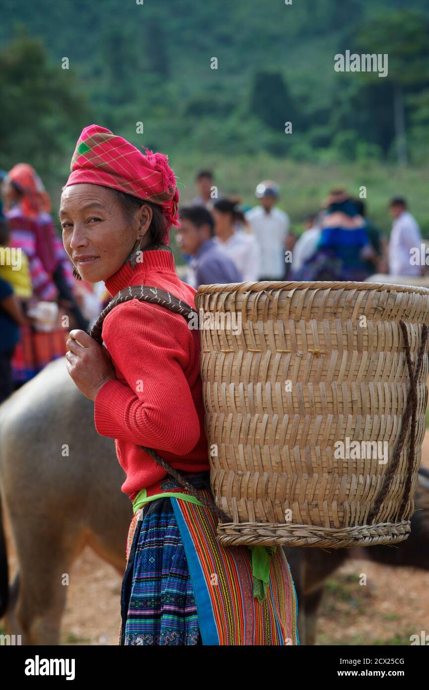 Hmong mujer con carrito de transporte en el mercado de Coc Ly. Provincia de Lao Cai, Vietnam Foto de stock