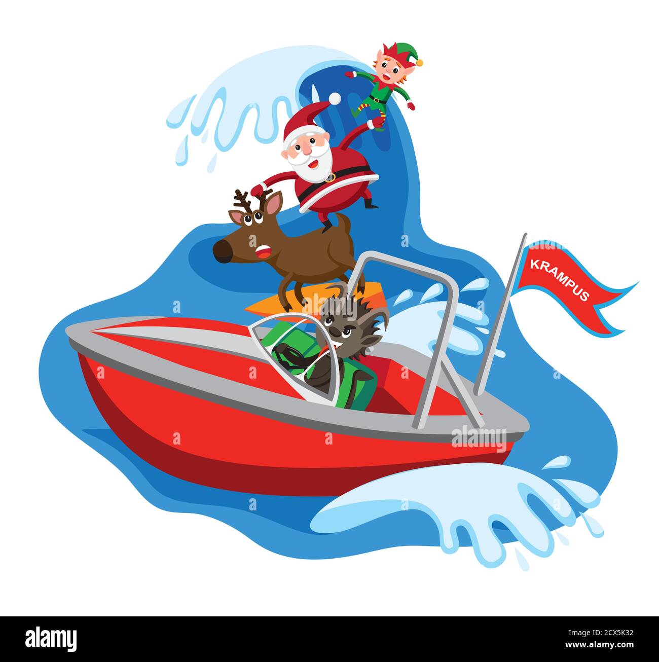 Krampus en una lancha motora que llama a los personajes navideños de surf Ilustración del Vector