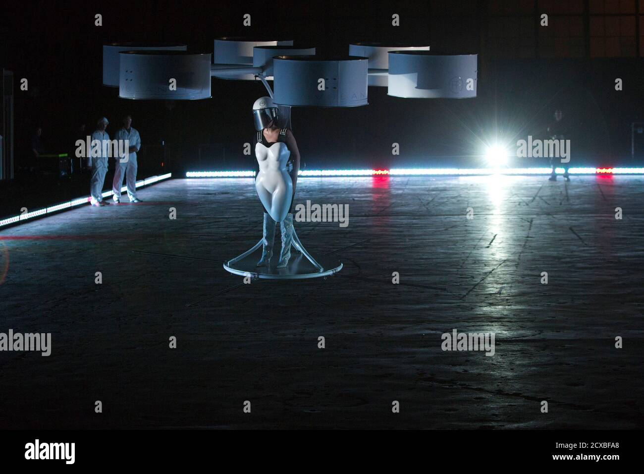 Lady Gaga flies with the Volantis, a flying dress, at the 