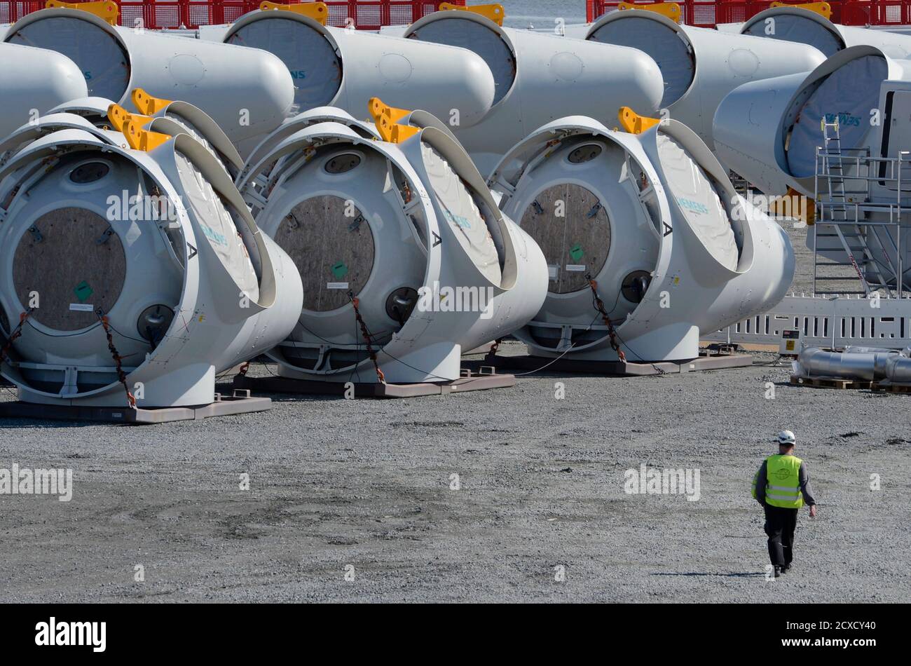 Hubs are pictured at Siemens Wind Power's port of export in Esbjerg June  11, 2012. Europe's biggest economy aims to derive at least 35 percent of  its power from renewable sources in