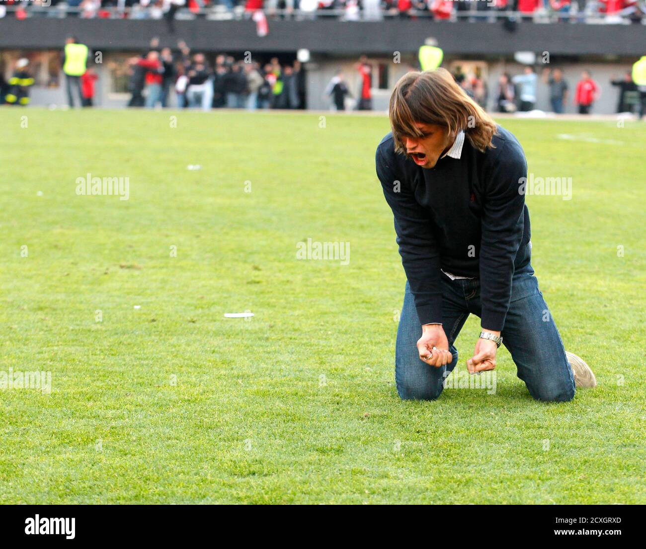 River Plate's coach Matias Almeyda after his player David Trezeguet's scored the second goal during their Argentine Championship soccer match against Almirante Brown in Buenos June 23, 2012. Former France