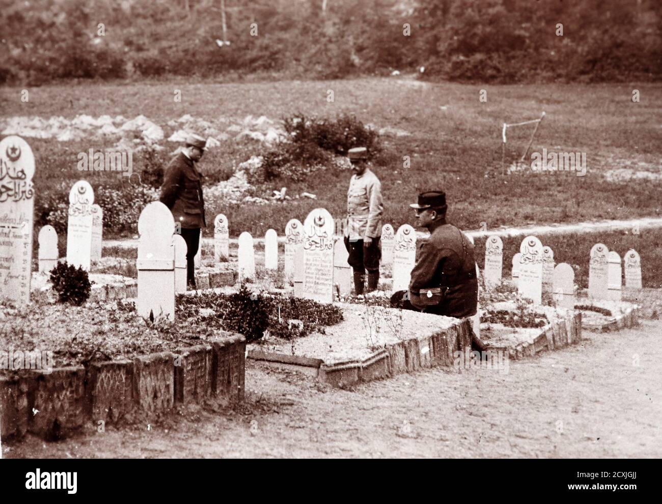 An undated archive picture shows French officers visiting a muslim cemetery  with recent graves of WWI soldiers killed on the front lines, an unknown  location in France. A Viscount in the Armoured