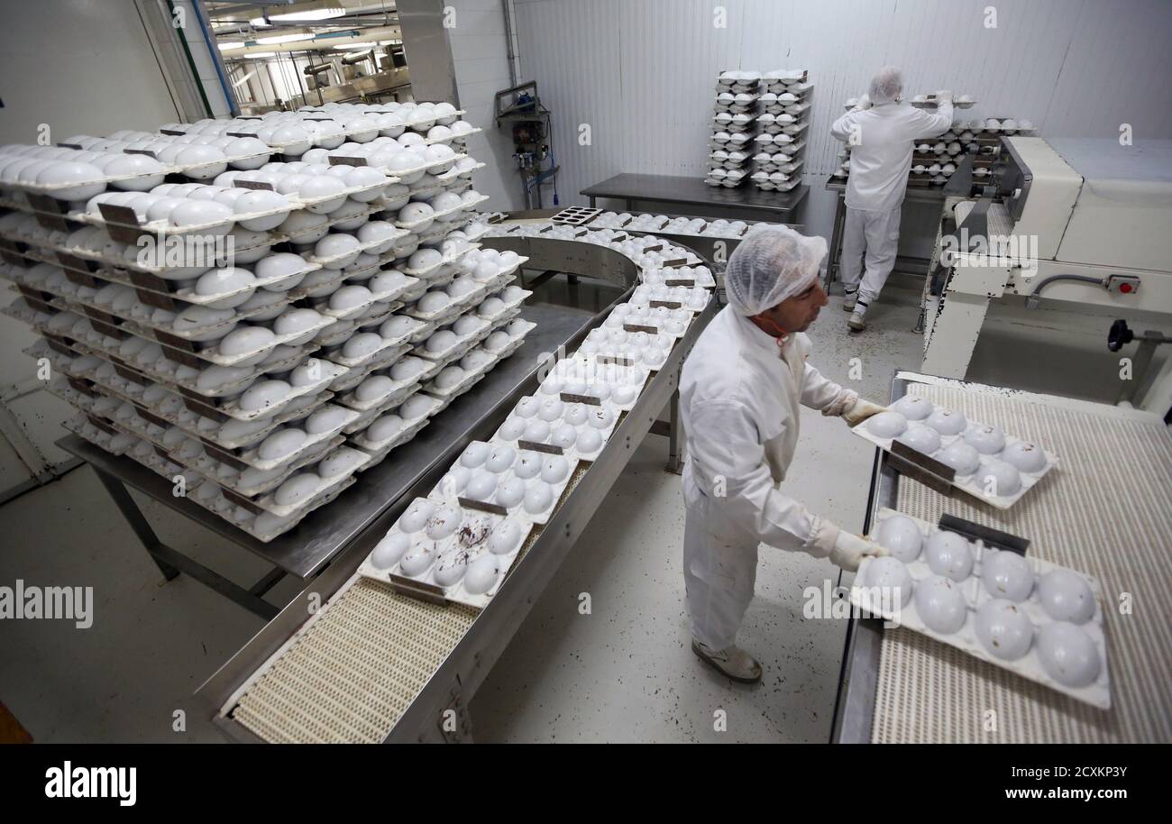 Un empleado trabaja en moldes de chocolate en forma de huevo para la fiesta  de Pascua, en la fábrica Top Cau en Sao Paulo 26 de febrero de 2015. Se  crearon alrededor