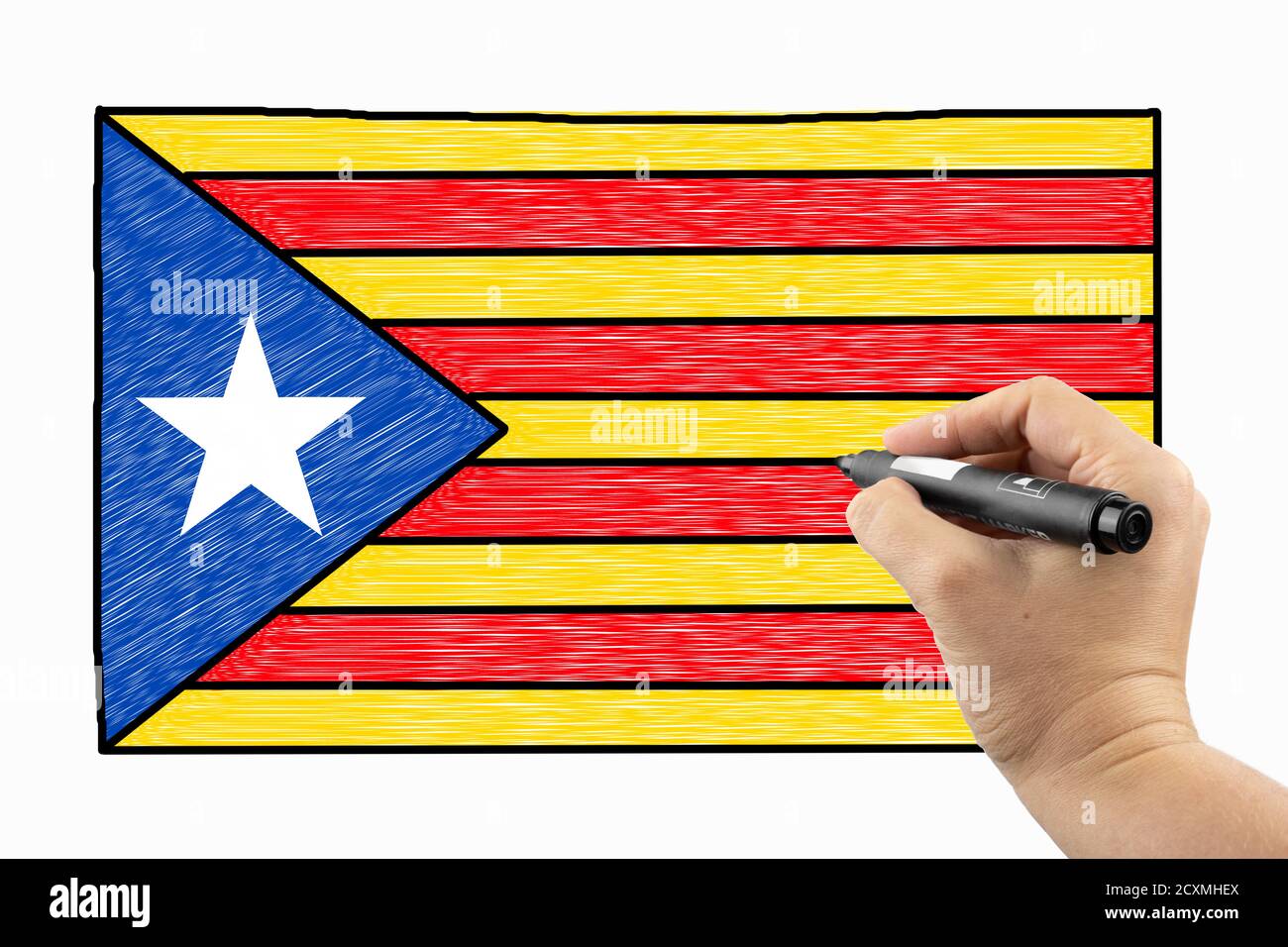 Bandera de Cataluña. Fideos en una pizarra, Scribble bosquejo de texto en una pizarra Foto de stock