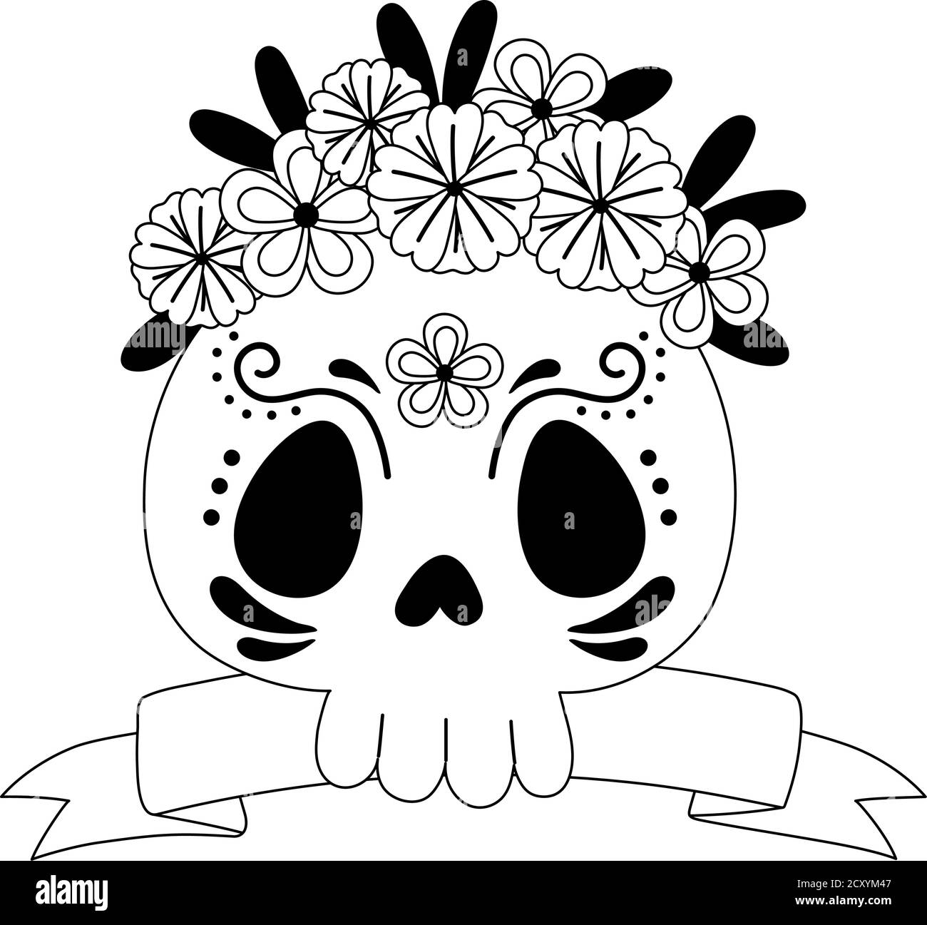 día de los muertos, flores de calavera floral y cinta de celebración  mexicana vector ilustración estilo de línea Imagen Vector de stock - Alamy