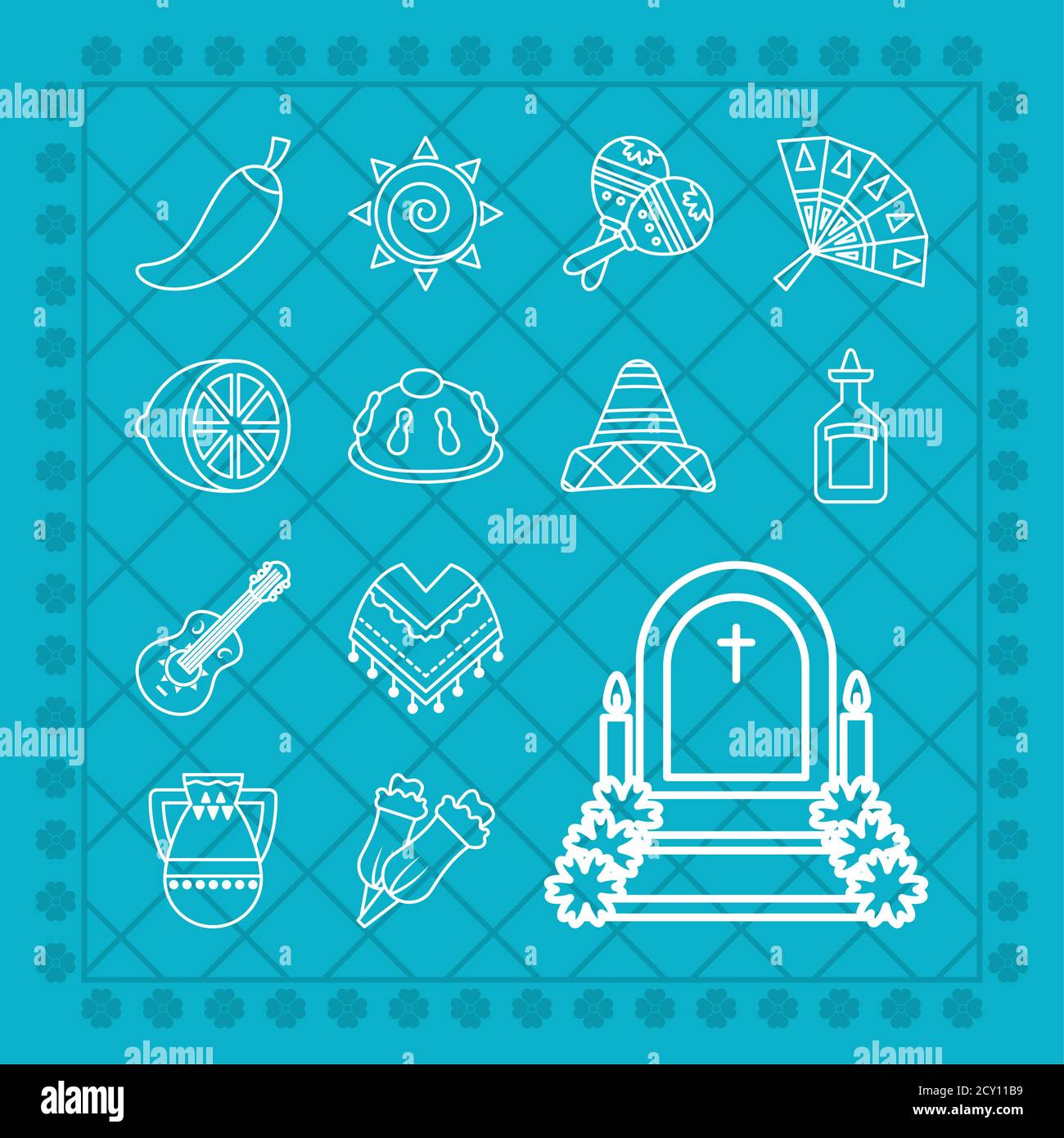 día mexicano de muertos y icono de poncho sobre fondo azul, estilo de