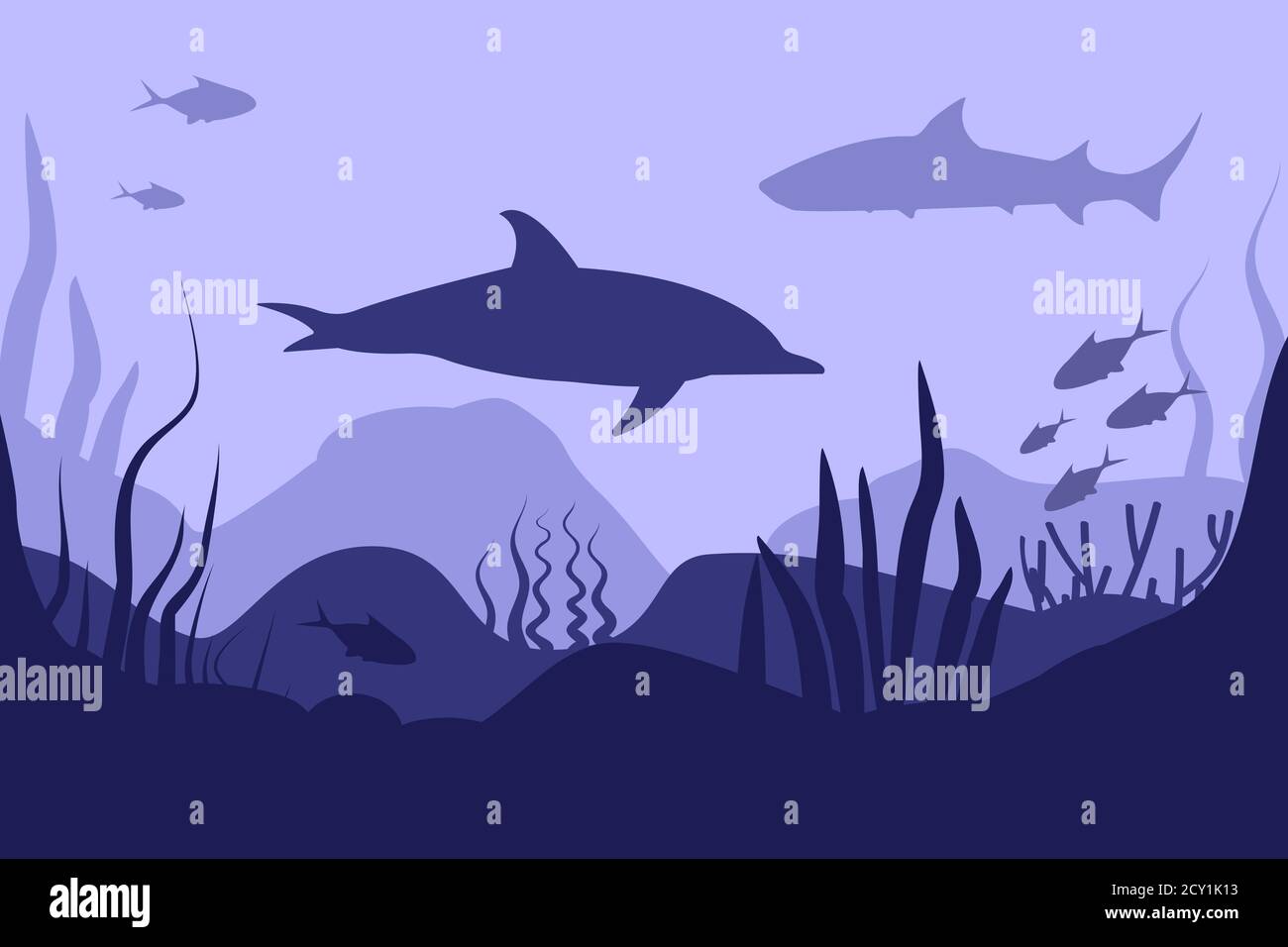 Fondo marino en estilo abstracto sobre fondo azul profundo. Paisaje marino.  Dibujos animados planos. Mundo submarino. Plantilla de paisaje natural.  Hermoso cartel para Imagen Vector de stock - Alamy