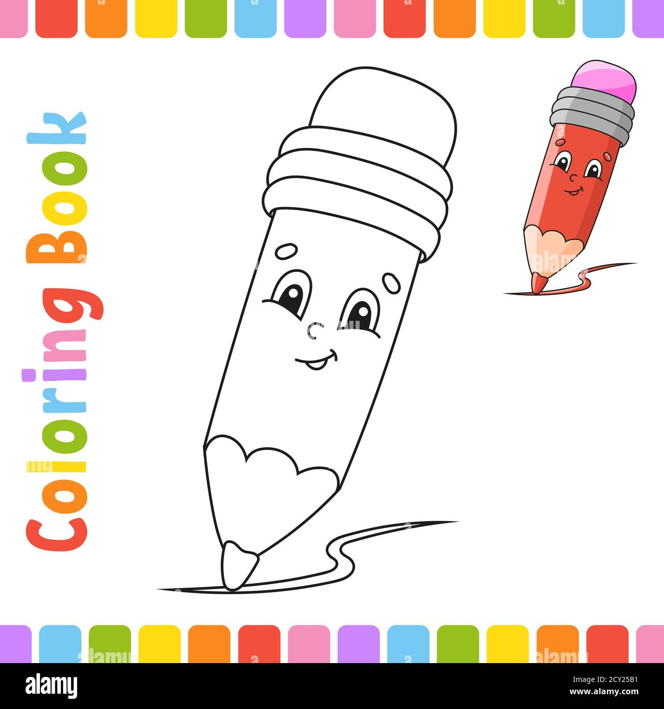 Libro para colorear para niños. De vuelta a la escuela. Carácter alegre.  Ilustración vectorial. Lindo estilo de dibujos animados. Página de fantasía  para niños. Silueta de contorno negro Imagen Vector de stock -