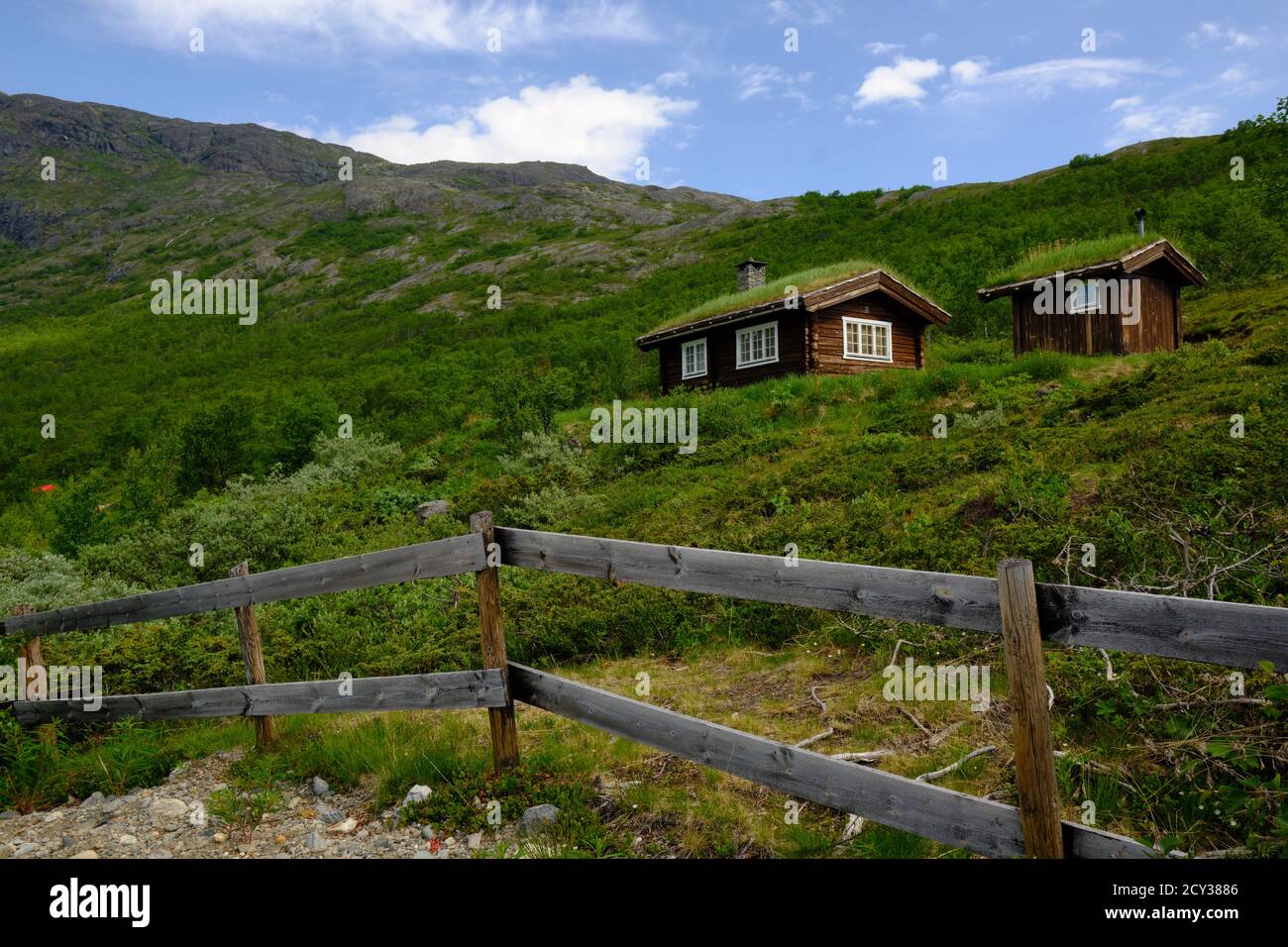 Una cabaña de madera roja con un techo de hierba tradicional Noruega Foto de stock