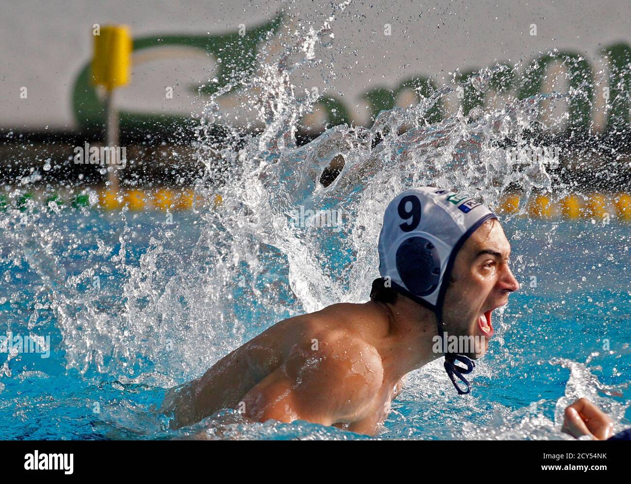 Drasko Brguljan of Vasas celebrates his goal against ZF Eger during the  final match of the Hungarian water polo championship in Budapest April 29,  2012. Vasa won the championship. REUTERS/Laszlo Balogh (HUNGARY -