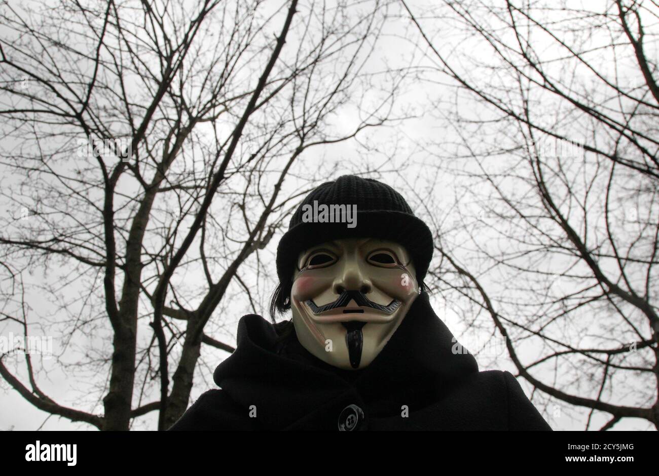 A protestor wearing Guy Fawkes masks participates in a demonstration against the Anti-Counterfeiting Trade Agreement (ACTA) in Berlin February 25, 2012. Protesters fear that ACTA, which aims to cut trademark theft and other online piracy, will curtail freedom of expression, curb their freedom to download movies and music for free and encourage Internet surveillance. REUTERS/Tobias Schwarz (GERMANY - Tags: POLITICS CIVIL UNREST) Foto de stock