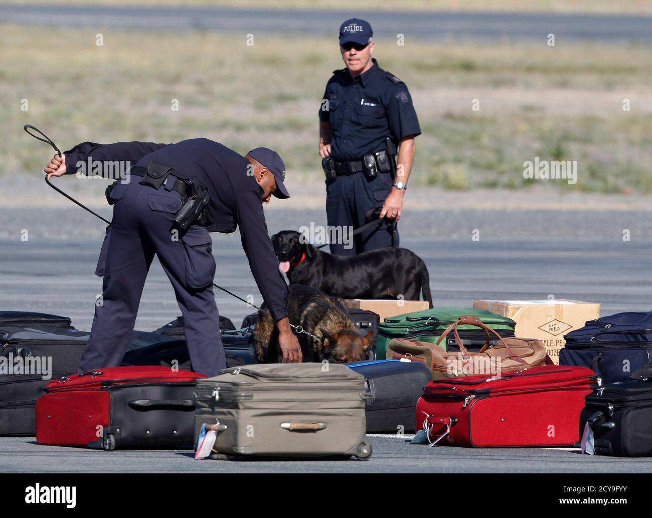 Police officers use sniffer dogs to check clothing bags before they are  loaded onto the royal flight as Britain's Prince William and his wife  Catherine, Duchess of Cambridge, prepare to depart from