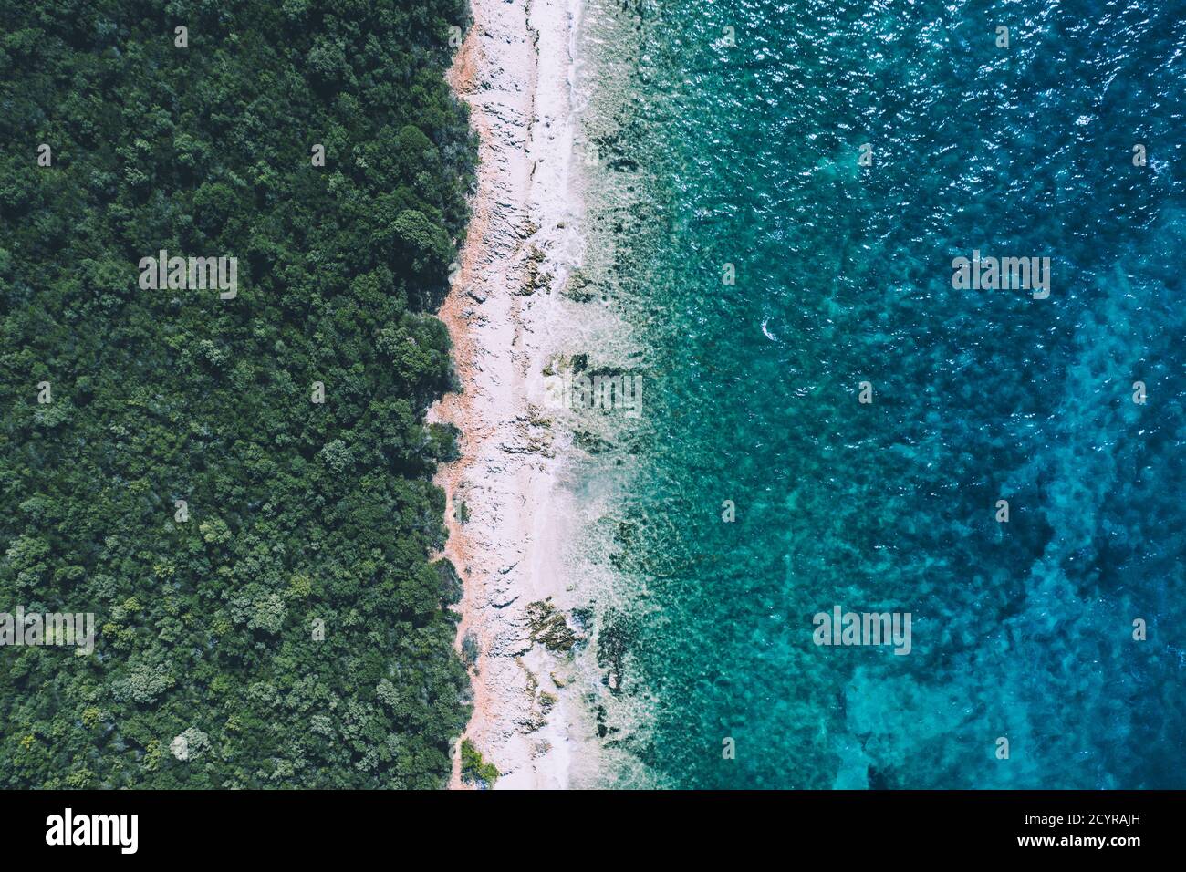 Concepto creativo de playa mínima. Distribución de vacaciones de verano con agua azul y arena sobre fondo brillante. Lay plano. Foto de stock