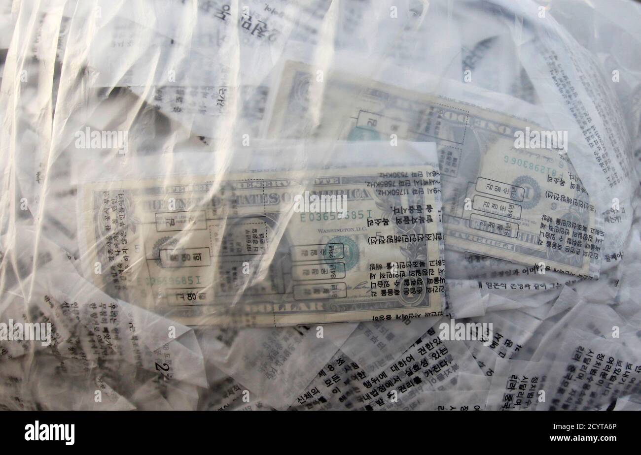 Billetes de un dólar y folletos anti-Corea del Norte se ven en una bolsa mientras los ex desertores norcoreanos y activistas anti-Corea del Norte se preparan para liberar globos para flotar sobre la frontera durante una manifestación en Paju, a unos 55km (34 millas) al norte de Seúl, el 30 de noviembre de 2010. En el pabellón de Imjingak, cerca de la zona desmilitarizada que separa las dos Coreas, se lanzaron globos que llevaban 200,000 folletos anti-Corea del Norte y 1,000 dólares en billetes de 1 dólar. REUTERS/Jo Yong-Hak (COREA DEL SUR - Tags: POLÍTICA MILITAR DISTURBIOS CIVILES) Foto de stock
