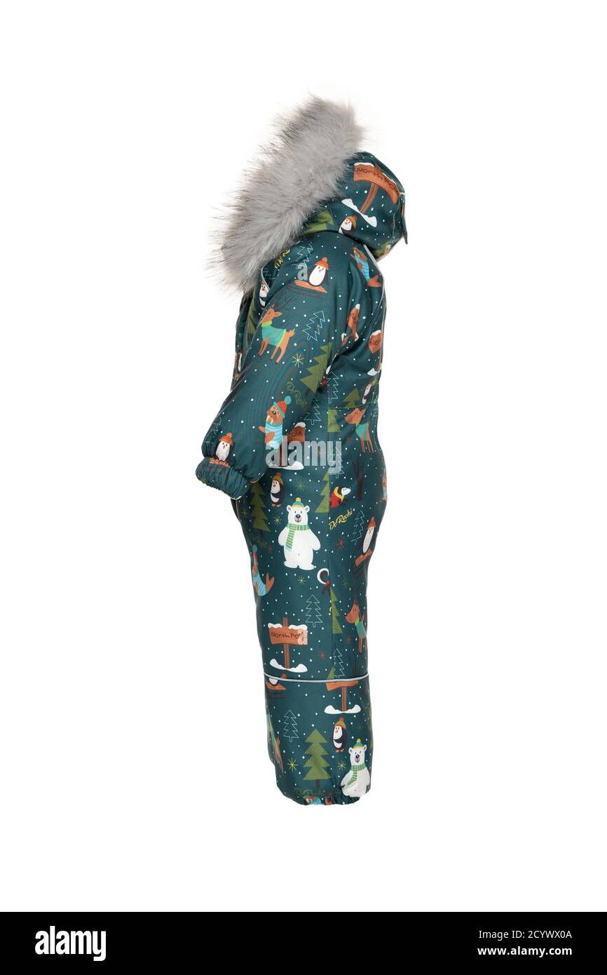 Odessa, UCRANIA - Octubre. 2, 2020. Dorechi, Polo Norte - traje de nieve,  ropa de invierno para niños para caminar con capucha de piel, vista  lateral, espalda blanca aislada Fotografía de stock - Alamy