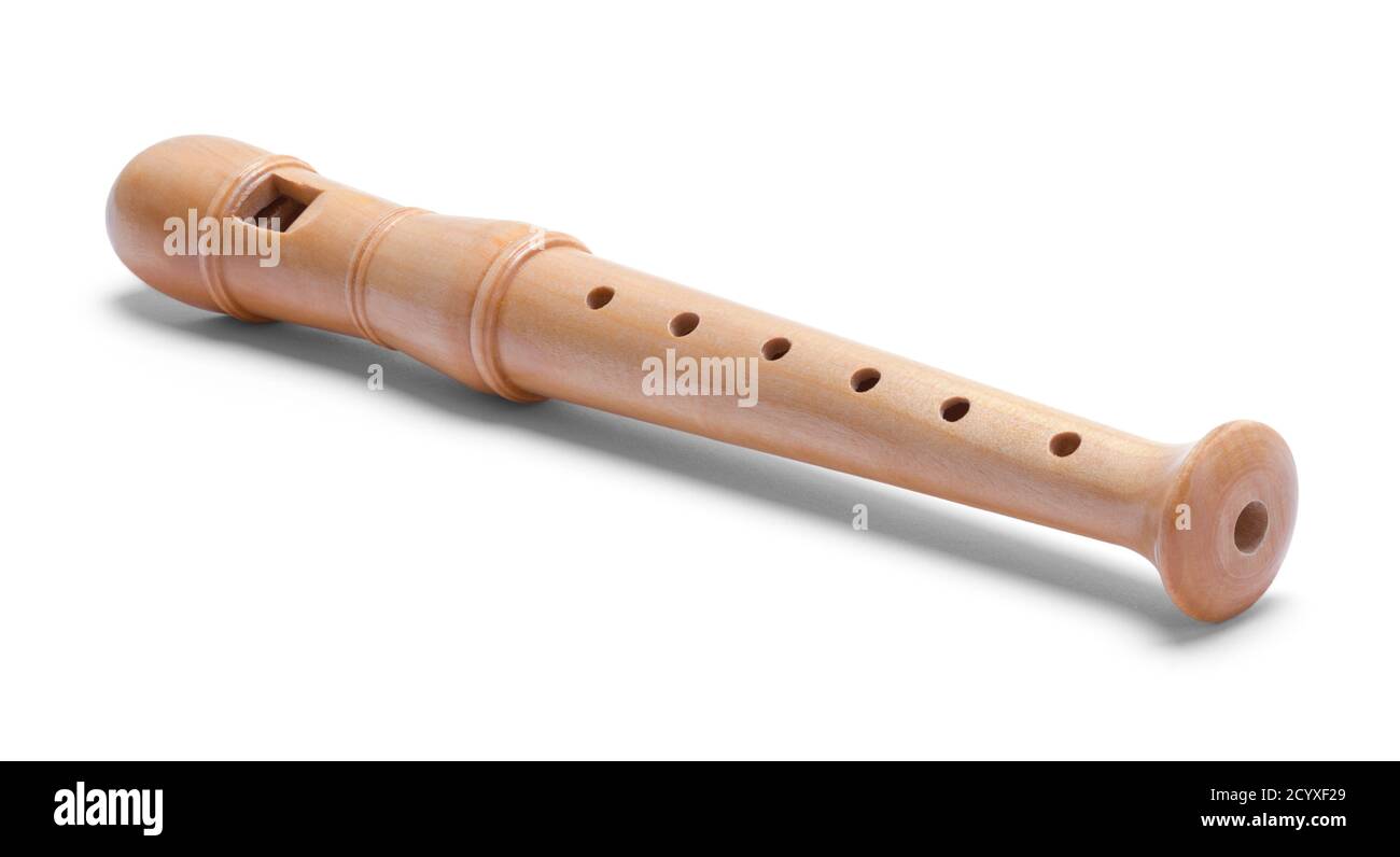 Instrumento musical grabador de madera aislado en blanco. Foto de stock