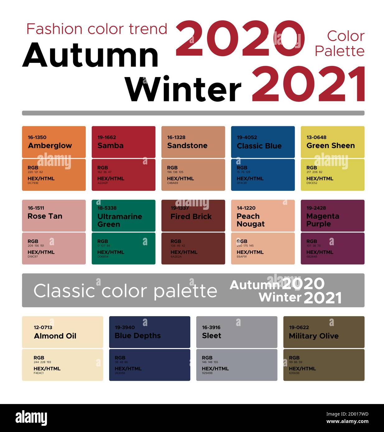 Moda color tendencia Otoño Invierno 2020-2021. Paleta de colores guía de  moda con muestras de color con nombre, RGB, COLORES HEXAGONALES Imagen  Vector de stock - Alamy